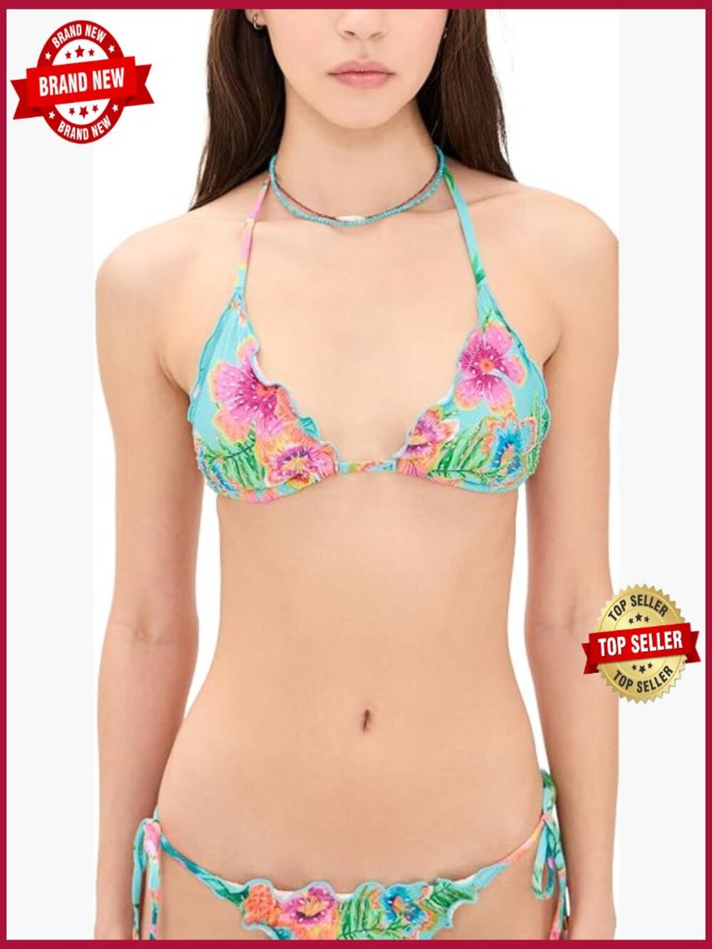 Embroidered Lettuce Edge Triangle Bikini Top Size M